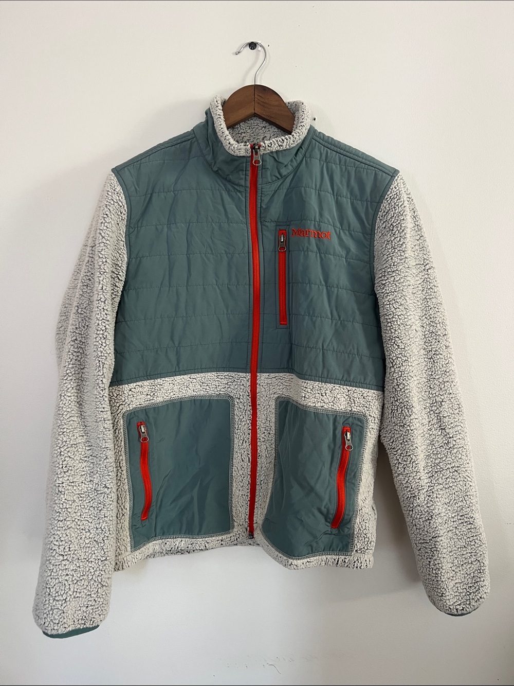 Marmot Two-Tone Sherpa Jacket in Seafoam Green and Off-White with Red Accents